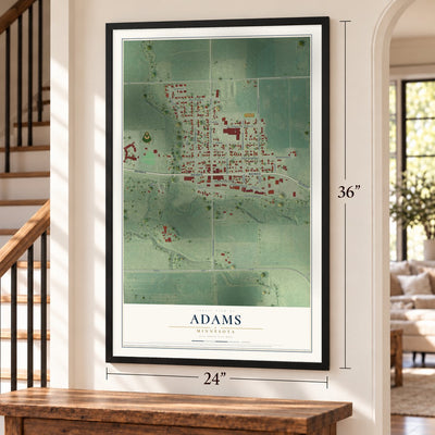Adams, Minnesota map, 24 x 36 inch print in a black frame by a staircase