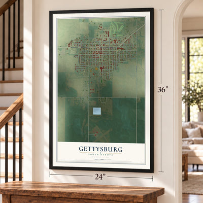 Gettysburg, South Dakota map, 24 x 36 inch print in a black frame by a staircase