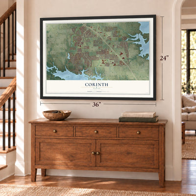 Corinth, Texas map, 24 x 36 inch print in a black frame above a dresser by a staircase