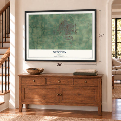 Newton, Kansas map, 24 x 36 inch print in a black frame above a dresser by a staircase