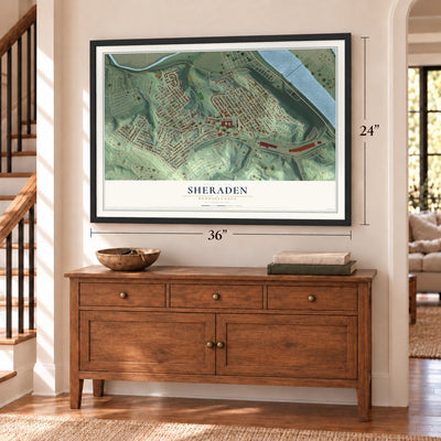 Sheraden, Pennsylvania map, 24 x 36 inch print in a black frame above a dresser by a staircase