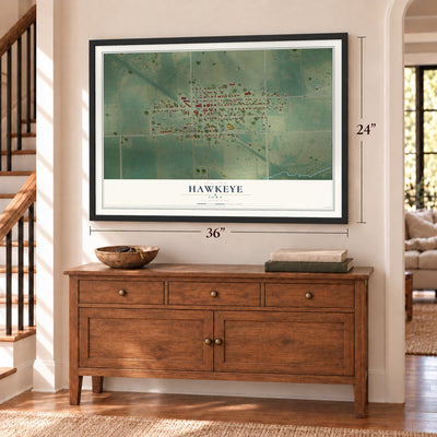 Hawkeye, Iowa map, 24 x 36 inch print in a black frame above a dresser by a staircase