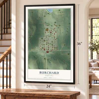 Burchard, Nebraska map, 24 x 36 inch print in a black frame by a staircase