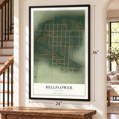 Bellflower, Missouri map, 24 x 36 inch print in a black frame by a staircase