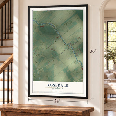 Rosedale, Louisiana map, 24 x 36 inch print in a black frame by a staircase