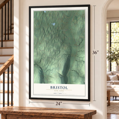 Bristol, New York map, 24 x 36 inch print in a black frame by a staircase