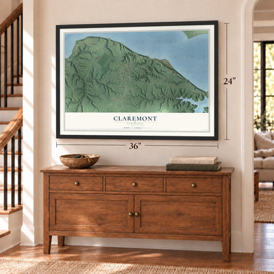 Claremont, Virginia map, 24 x 36 inch print in a black frame above a dresser by a staircase
