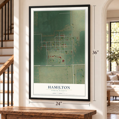 Hamilton, North Dakota map, 24 x 36 inch print in a black frame by a staircase