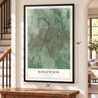 Ridgewood, New Jersey map, 24 x 36 inch print in a black frame by a staircase