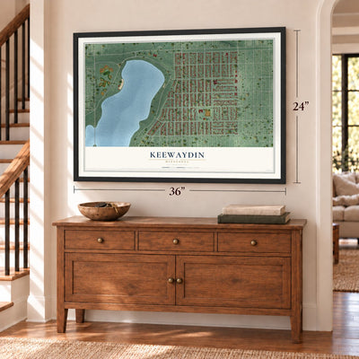 Keewaydin, Minnesota map, 24 x 36 inch print in a black frame above a dresser by a staircase