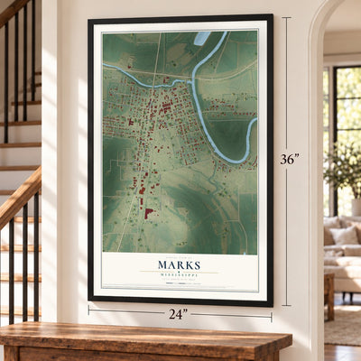 Marks, Mississippi map, 24 x 36 inch print in a black frame by a staircase