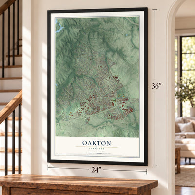 Oakton, Virginia map, 24 x 36 inch print in a black frame by a staircase