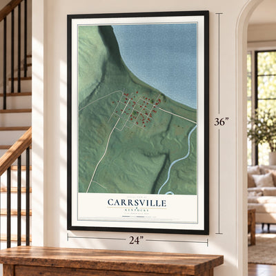 Carrsville, Kentucky map, 24 x 36 inch print in a black frame by a staircase
