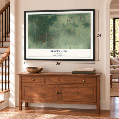 Spiceland, Indiana map, 24 x 36 inch print in a black frame above a dresser by a staircase