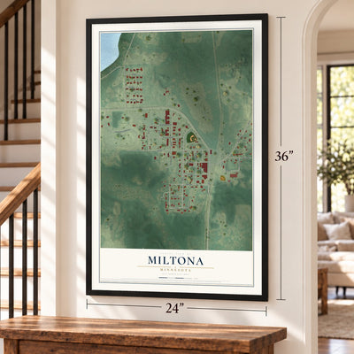 Miltona, Minnesota map, 24 x 36 inch print in a black frame by a staircase