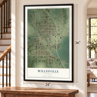 Willisville, Illinois map, 24 x 36 inch print in a black frame by a staircase