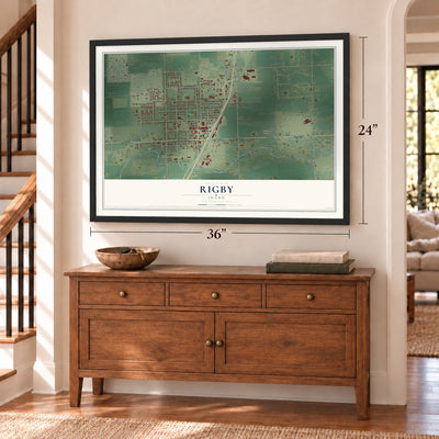 Rigby, Idaho map, 24 x 36 inch print in a black frame above a dresser by a staircase