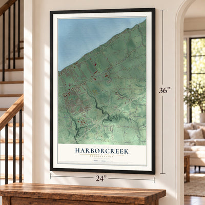 Harborcreek, Pennsylvania map, 24 x 36 inch print in a black frame by a staircase