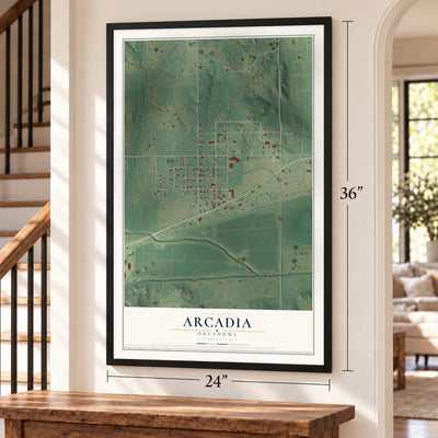 Arcadia, Oklahoma map, 24 x 36 inch print in a black frame by a staircase