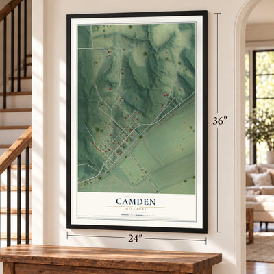 Camden, Missouri map, 24 x 36 inch print in a black frame by a staircase