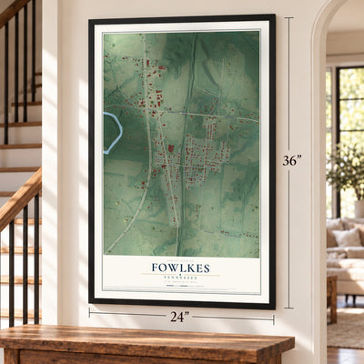 Fowlkes, Tennessee map, 24 x 36 inch print in a black frame by a staircase