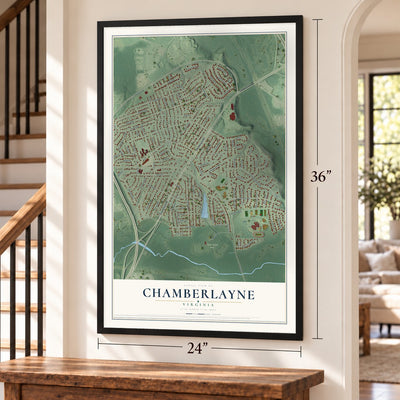 Chamberlayne, Virginia map, 24 x 36 inch print in a black frame by a staircase