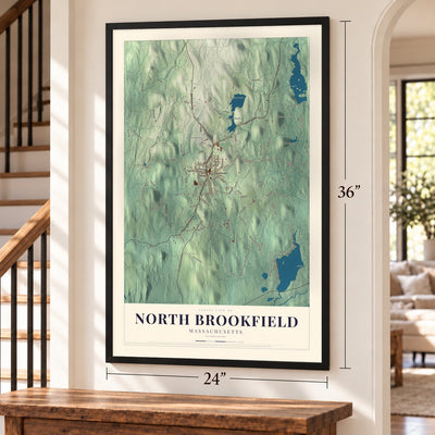 North Brookfield, Massachusetts map, 24 x 36 inch print in a black frame by a staircase