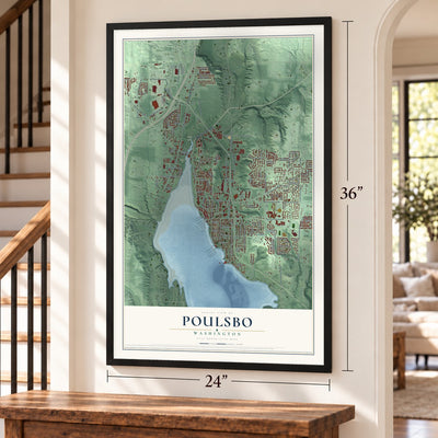 Poulsbo, Washington map, 24 x 36 inch print in a black frame by a staircase