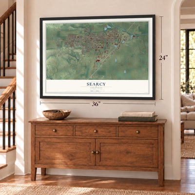 Searcy, Arkansas map, 24 x 36 inch print in a black frame above a dresser by a staircase