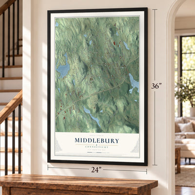 Middlebury, Connecticut map, 24 x 36 inch print in a black frame by a staircase