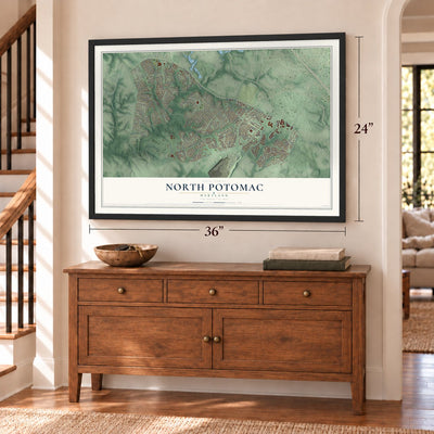 North Potomac, Maryland map, 24 x 36 inch print in a black frame above a dresser by a staircase