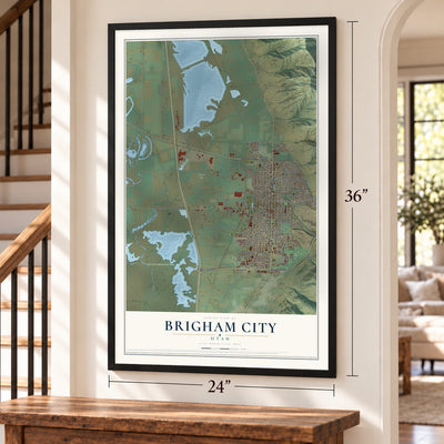 Brigham City, Utah map, 24 x 36 inch print in a black frame by a staircase