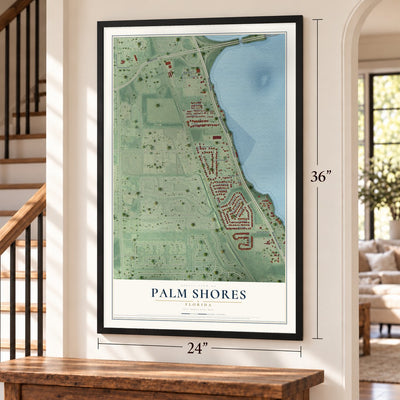 Palm Shores, Florida map, 24 x 36 inch print in a black frame by a staircase