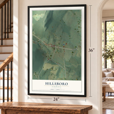 Hillsboro, Virginia map, 24 x 36 inch print in a black frame by a staircase