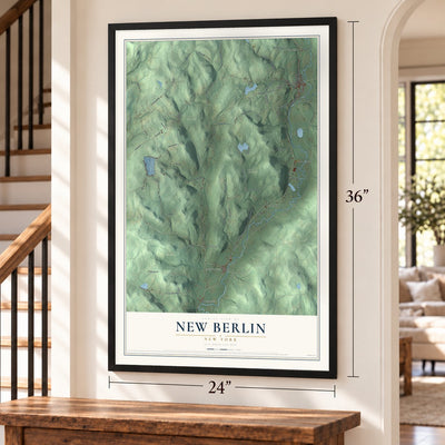 New Berlin, New York map, 24 x 36 inch print in a black frame by a staircase