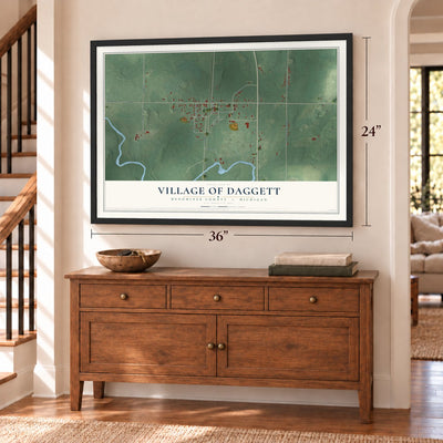 Daggett, Michigan map, 24 x 36 inch print in a black frame above a dresser by a staircase