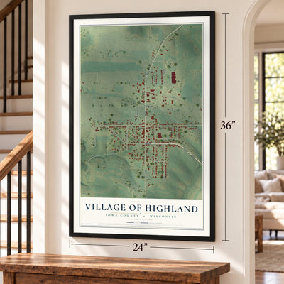 Highland, Wisconsin map, 24 x 36 inch print in a black frame by a staircase