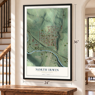 North Irwin, Pennsylvania map, 24 x 36 inch print in a black frame by a staircase