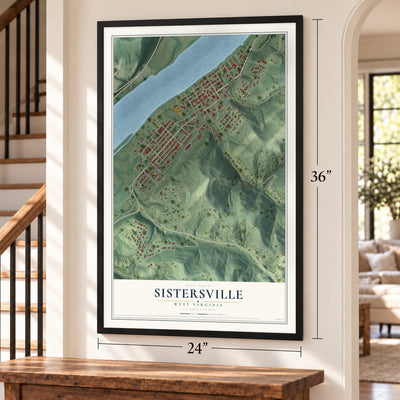 Sistersville, West Virginia map, 24 x 36 inch print in a black frame by a staircase