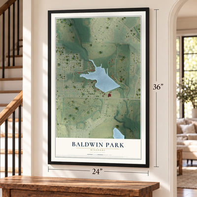 Baldwin Park, Missouri map, 24 x 36 inch print in a black frame by a staircase