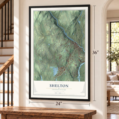 Shelton, Connecticut map, 24 x 36 inch print in a black frame by a staircase