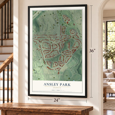 Ansley Park, Georgia map, 24 x 36 inch print in a black frame by a staircase