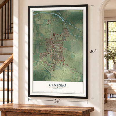 Geneseo, Illinois map, 24 x 36 inch print in a black frame by a staircase