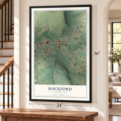 Rockford, Washington map, 24 x 36 inch print in a black frame by a staircase