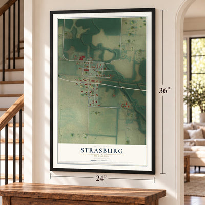 Strasburg, Missouri map, 24 x 36 inch print in a black frame by a staircase