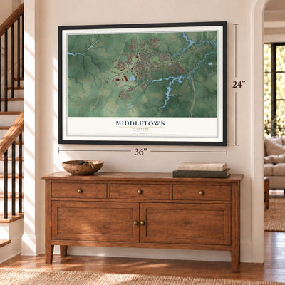 Middletown, Delaware map, 24 x 36 inch print in a black frame above a dresser by a staircase