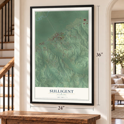 Sulligent, Alabama map, 24 x 36 inch print in a black frame by a staircase