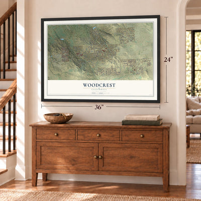 Woodcrest, California map, 24 x 36 inch print in a black frame above a dresser by a staircase