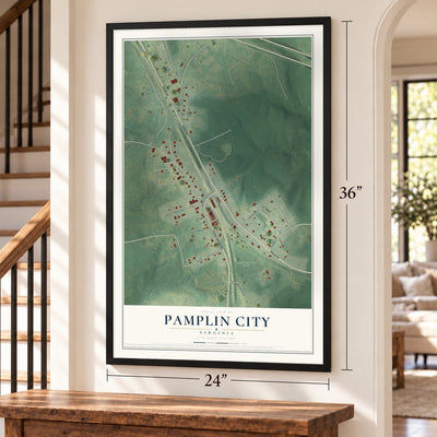Pamplin City, Virginia map, 24 x 36 inch print in a black frame by a staircase