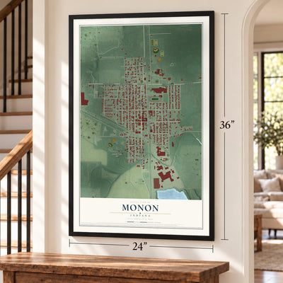 Monon, Indiana map, 24 x 36 inch print in a black frame by a staircase